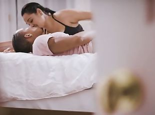 Creepy man watches couple making out in bed