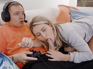 Gamer chick Paige gets interrupted and fucked hard in doggy. HD