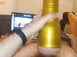 hairy young man silently cums after fucking fleshlight on bed while watching himself on cam