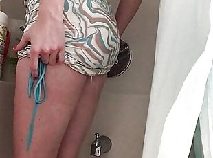 Horny soaked transgirl in party dress