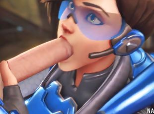Tracer gets hammered by lots of cocks after sucking them