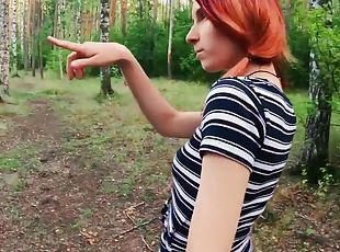 Outdoors video of redhead Elin sucking a fat dick in the woods