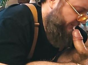 Corn-fed country bubba bear spits on and gives sloppy blowjob to moustache daddy's fat cock
