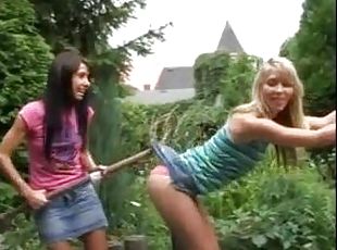Playful teens have lesbian sex outdoors