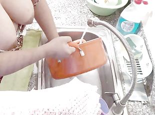 Horny Indian Desi Maid Washing the Dishes and letting her Master see her Big Juicy Boobs