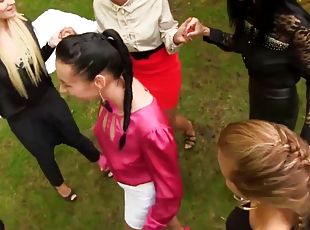 Group lesbian pee on bodies of their babes