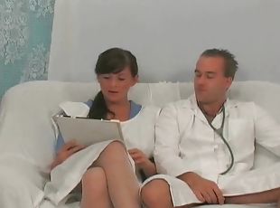 Long-haired nurse masturbates and has sex with a doctor