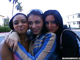 Three hot sluts please a guy with a blowjob and jump on his cock