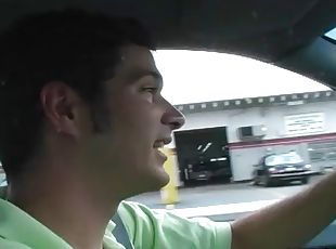 A daring girl loves giving guys blowjobs in moving cars
