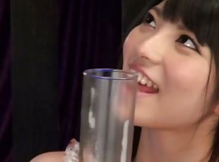 Perverted Japanese honey gathers his cum in the glass