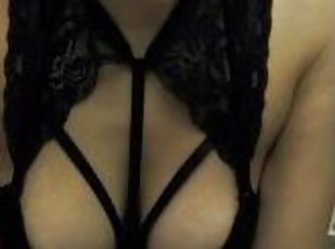 Lonely girl shows her breasts in close-up and gets into a doggy pose