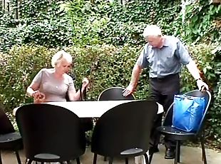 Senior citizens on a picnic are joined by a cutie for a threesome