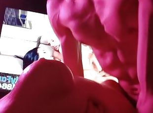 Fucking and cumming all over sex doll while watching Porn