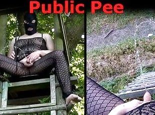 Public pissing from 3 meter high deer stand in sheer clothes. POV Peeing. Exhibitionist Tobi00815